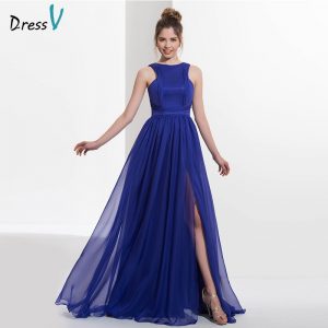 Blue scoop neck A-line chiffon long prom dress sexy sleeveless split front floor length evening dress formal prom dress