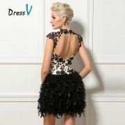 Black Short Feathers Cocktail Dresses Sexy Backless High Neck Cap Sleeves Lace Appliques Homecoming Party Cocktail Dress