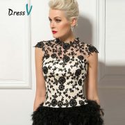 Black Short Feathers Cocktail Dresses Sexy Backless High Neck Cap Sleeves Lace Appliques Homecoming Party Cocktail Dress