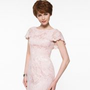 Pink lace long mother of the bride dress scoop neck lace button tiered wedding party dress pink mother of the bride dress