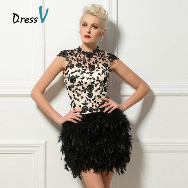 Black Short Feathers Cocktail Dresses Sexy Backless High Neck Cap Sleeves Lace Appliques Homecoming Party Cocktail Dress