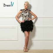 Black Short Feathers Cocktail Dresses Sexy Backless High Neck Cap Sleeves Lace Appliques Homecoming Party Cocktail Dress