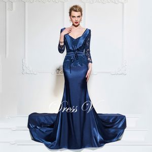 Navy blue long evening dress sexy mermaid v neck backless chapel train wedding party formal dress lace evening dresses