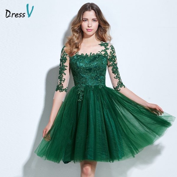 Scoop neck A-line cocktail dress green appliques 3/4 length sleeves button knee-length cocktail dress formal party dress