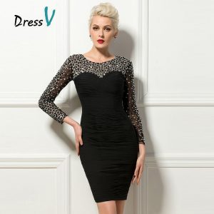 Luxury Black Cocktail Dresses 2017 Sheer Long Beaded Sleeves Short Party Formal Occasion Dresses Clubdress Cocktail Dress