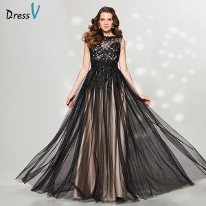 2017 Vintage Black Evening dresses Long A-line Jewel Sleeveless Lace Elegant Formal Evening Dresses Dubai Celebrity dress