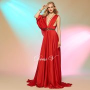 Red long prom dress beading sashes draped sleeveless split-front backless court train elegant formal evning prom dresses