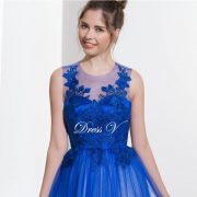 Royal blue scoop neck A-line sexy backless prom dress sleeveless appliques long floor length prom dress evening dress