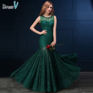 Dark green lace mermaid/trumpet long evening dress scoop neck zipper up sleeveless formal party gown lace evening dress