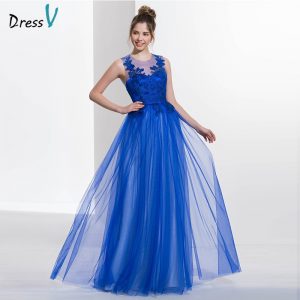 Royal blue scoop neck A-line sexy backless prom dress sleeveless appliques long floor length prom dress evening dress