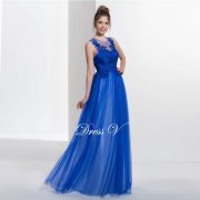 Royal blue scoop neck A-line sexy backless prom dress sleeveless appliques long floor length prom dress evening dress