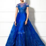 2017 Jewel Neck Short Sleeve A-Line evening dress Appliques long elegant dark royal blue sexy lace up party Evening Dress