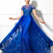 2017 Jewel Neck Short Sleeve A-Line evening dress Appliques long elegant dark royal blue sexy lace up party Evening Dress