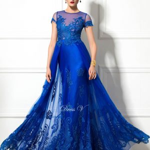 2017 Jewel Neck Short Sleeve A-Line evening dress Appliques long elegant dark royal blue sexy lace up party Evening Dress