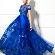 2017 Jewel Neck Short Sleeve A-Line evening dress Appliques long elegant dark royal blue sexy lace up party Evening Dress