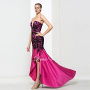 Sexy sweetheart sleeveless Asymmetry lace prom dress modern zipper up sweep train matte satin high low prom dress