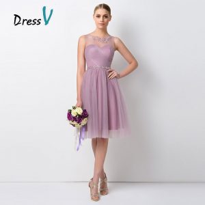 Pretty Short Lavender Bridesmaid Dresses Sheer O-Neck A-Line Tulle Wedding Party Dresses Maid of Honor Vestidos De Noiva