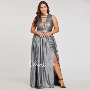 Sliver v neck plus size evening dress elegant sleeveless a line wedding party formal dress hollow evening dresses