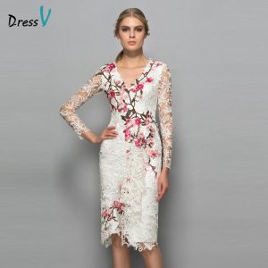 V-neck long sleeves cocktail dress sheath appliques lace knee length flowers elegant cocktail dress formal party dress