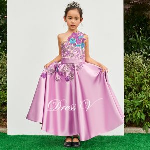 Flower girl dress a-line sleeveless ankle length one shoulder lace petites filles princess flower girl dress