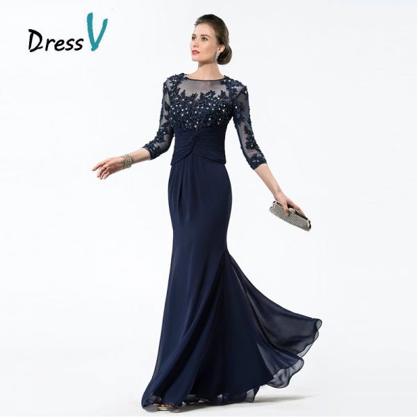 Long Navy Blue Mother Of The Bride Dresses 2017 Chiffon Beaded Appliques Bodice Sheer 3/4 Sleeves Mothers Evening Dresses