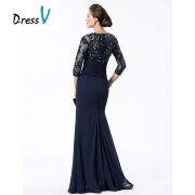 Long Navy Blue Mother Of The Bride Dresses 2017 Chiffon Beaded Appliques Bodice Sheer 3/4 Sleeves Mothers Evening Dresses