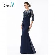 Long Navy Blue Mother Of The Bride Dresses 2017 Chiffon Beaded Appliques Bodice Sheer 3/4 Sleeves Mothers Evening Dresses