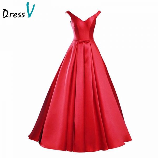 Elegant Red Matte Satin Long Prom Dress 2017 Simple A-Line V-Neck Lace Up Bow Evening Party Gown Prom Dress