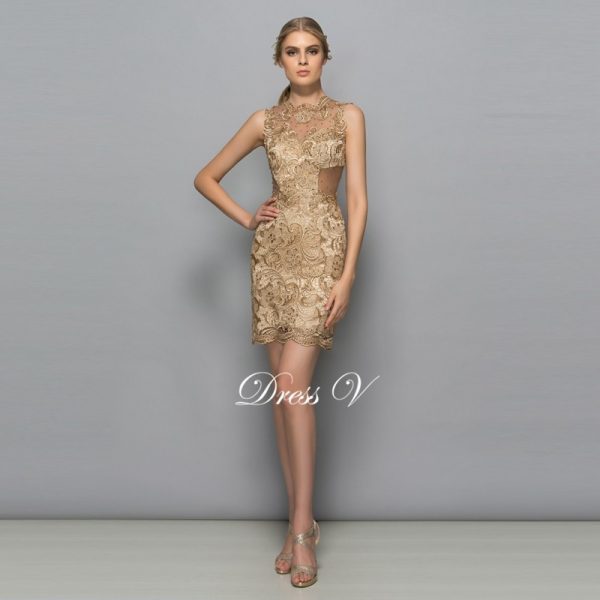 Yellow beaded lace mini cocktail dress scoop neck sleeveless sheath above knee short cocktail dress formal party dress