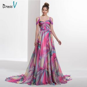 2017 Spaghetti Straps A-line printed long prom dress beading zipper up off the shoulder formal evening dress prom dress