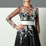 Black A line long sleeves evening dress white appliques button back floor length long evening dresses formal party dress