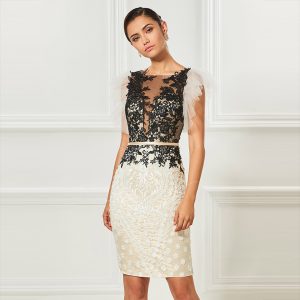 Scoop neck cocktail dress sheath appliques sashes knee length sleeves elegant cocktail dress formal party dress