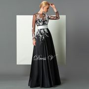 Black A line long sleeves evening dress white appliques button back floor length long evening dresses formal party dress