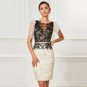 Scoop neck cocktail dress sheath appliques sashes knee length sleeves elegant cocktail dress formal party dress