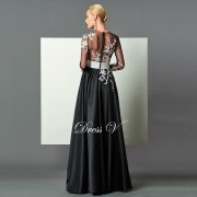 Black A line long sleeves evening dress white appliques button back floor length long evening dresses formal party dress