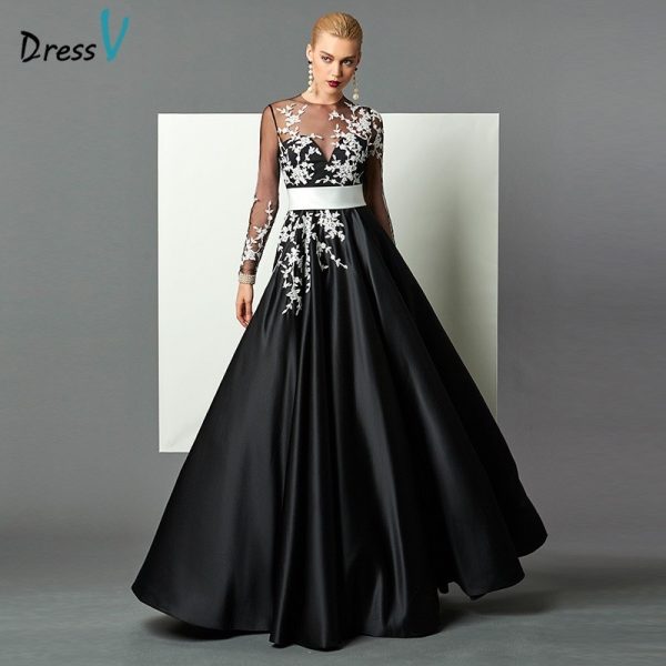 Black A line long sleeves evening dress white appliques button back floor length long evening dresses formal party dress