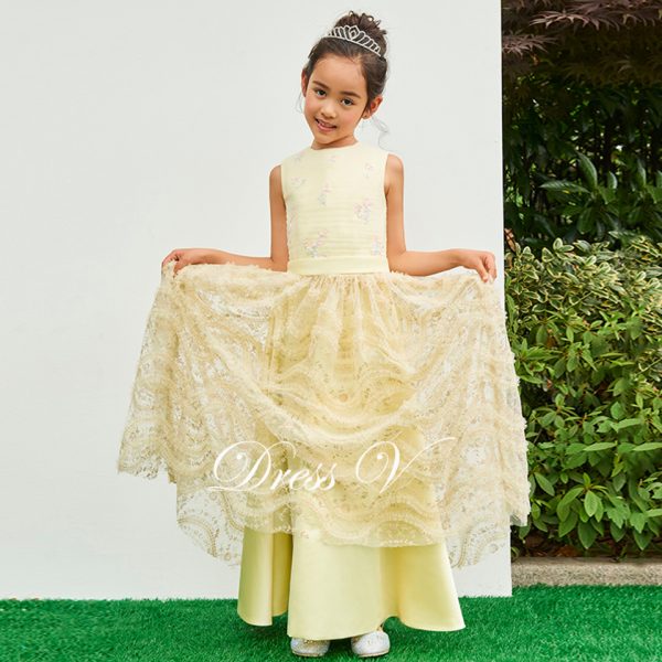 Yellow flower girl dress jewel neck a line zipper up floor length wedding party formal dress tulle flower girl dresses