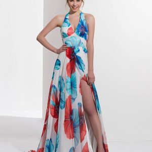 A-line printed Split-Front sweep train prom dress empire halter sleeveless floor length long zipper up prom dress