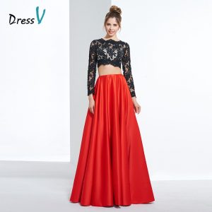 Black&red long prom dress a line appliques long sleeves lace formal party dress scalloped elegant evening prom dresses