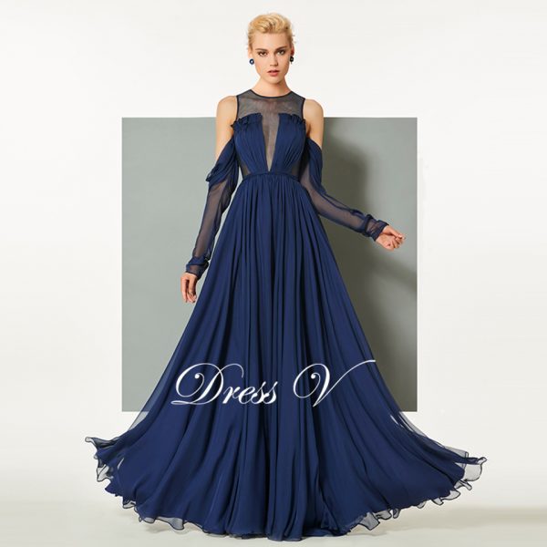 Dark navy blue evening dress scoop neck sweep train long sleeves a line wedding party formal dress chiffon evening dress