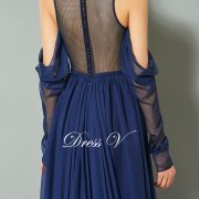 Dark navy blue evening dress scoop neck sweep train long sleeves a line wedding party formal dress chiffon evening dress