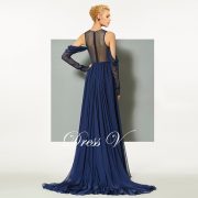 Dark navy blue evening dress scoop neck sweep train long sleeves a line wedding party formal dress chiffon evening dress