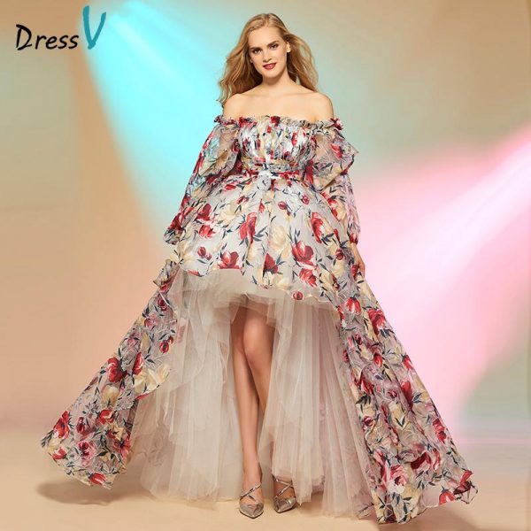 Prom dress cinderella asymmetry high low print off the shoulder long sleeves prom dress fashion custom made party dresses