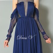 Dark navy blue evening dress scoop neck sweep train long sleeves a line wedding party formal dress chiffon evening dress