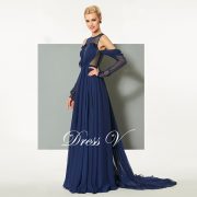 Dark navy blue evening dress scoop neck sweep train long sleeves a line wedding party formal dress chiffon evening dress