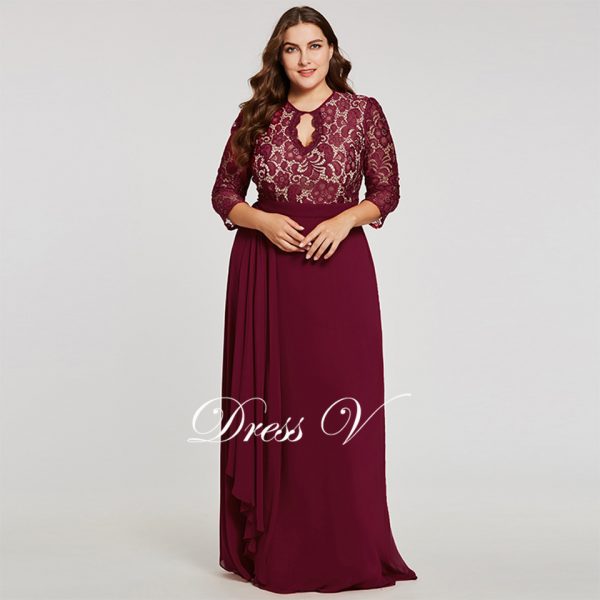 Burgundy scoop neck plus evening dress elegant 3/4 sleeves a line button wedding party formal dress lace evening dresses