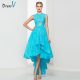 Ice blue A-line ruffles lace asymmetry prom dress jewel neck high low zipper up wedding party dress elegant prom dress