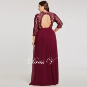 Burgundy scoop neck plus evening dress elegant 3/4 sleeves a line button wedding party formal dress lace evening dresses