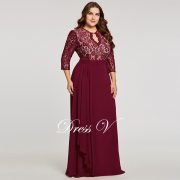 Burgundy scoop neck plus evening dress elegant 3/4 sleeves a line button wedding party formal dress lace evening dresses