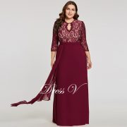 Burgundy scoop neck plus evening dress elegant 3/4 sleeves a line button wedding party formal dress lace evening dresses